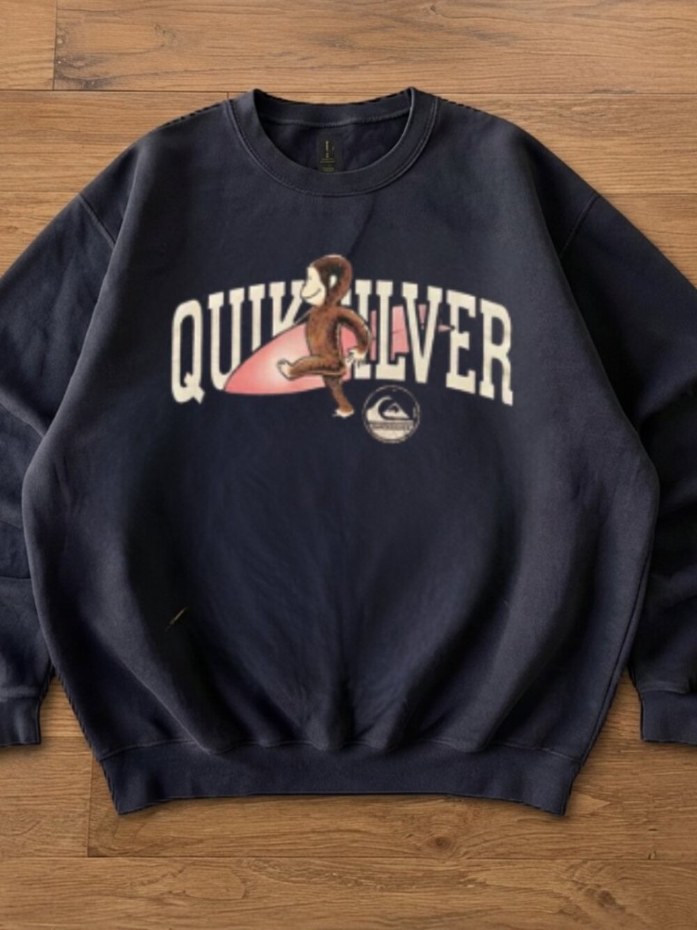 Gildan Quiksilver Curious George Surfing Black Crewneck Sweatshirt